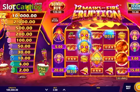 Скрин2. 12 Masks of Fire Eruption Prize Flow слот
