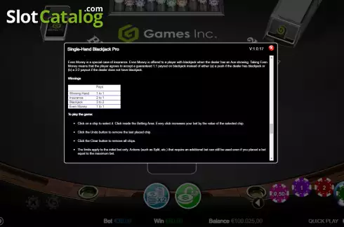 Скрин5. Single Hand Blackjack (Games Inc) слот