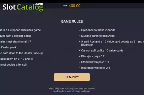 Скрин5. Classic Blackjack with Ten-20 слот